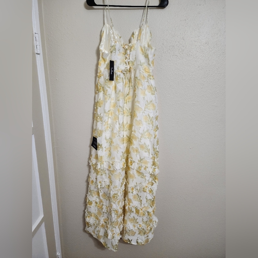 Lulus Gorgeous Occasion Cream Floral Burnout Lace-Up Tiered Maxi Dress M Wedding - Picture 9 of 13